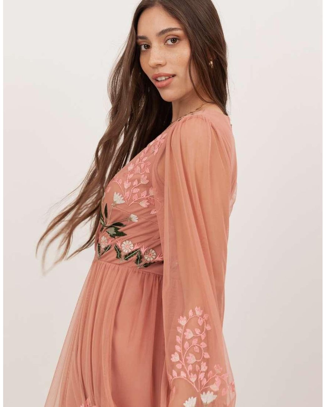 Maya Pink Embroidered Faux Wrap Long Sleeve Midaxi Dress