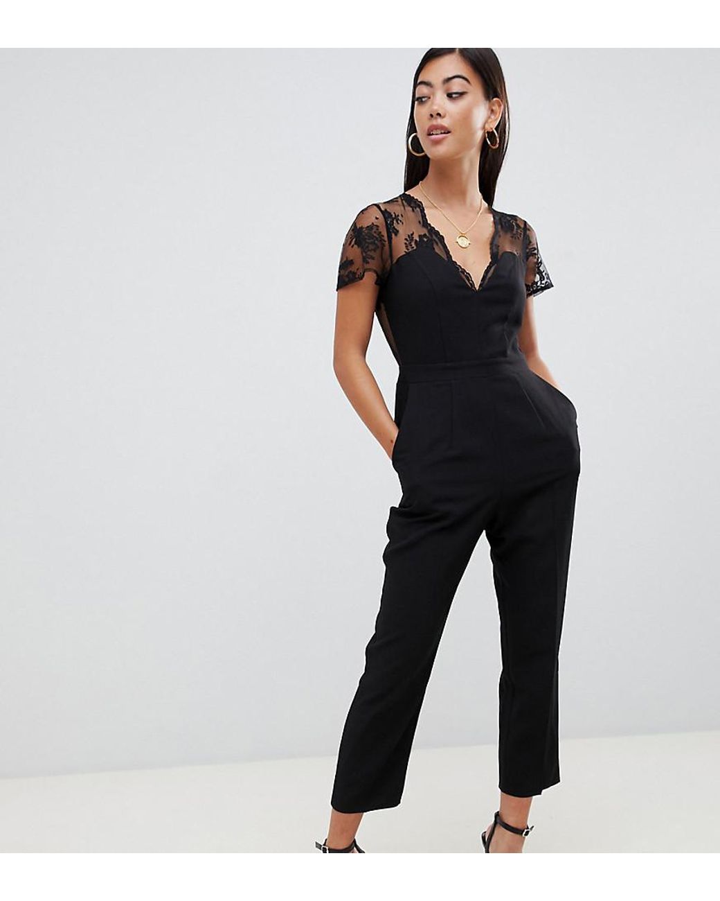 ASOS Asos Design Petite Jumpsuit With Lace Detail & Tapered Leg in Black |  Lyst