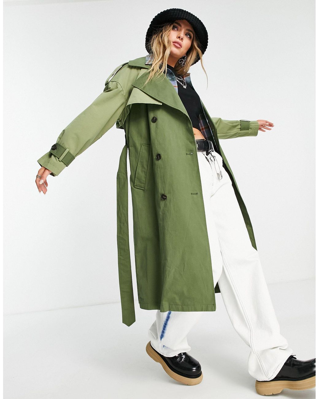 Bershka Back Detail Trench Coat in Green | Lyst