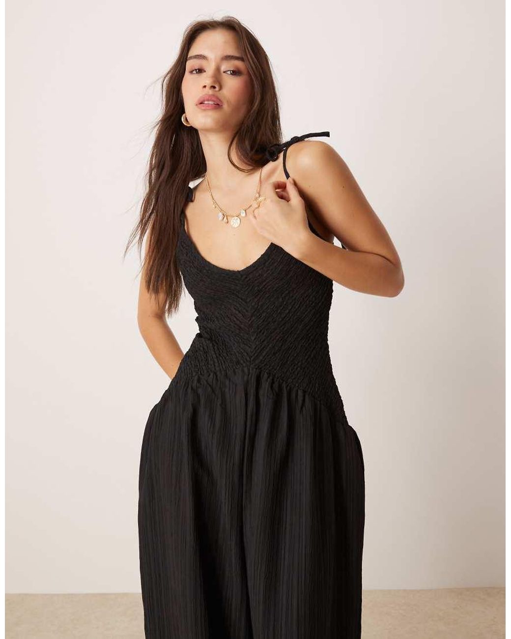 ASOS White V Neck Poly Crinkle Dropped Waist Jumpsuit