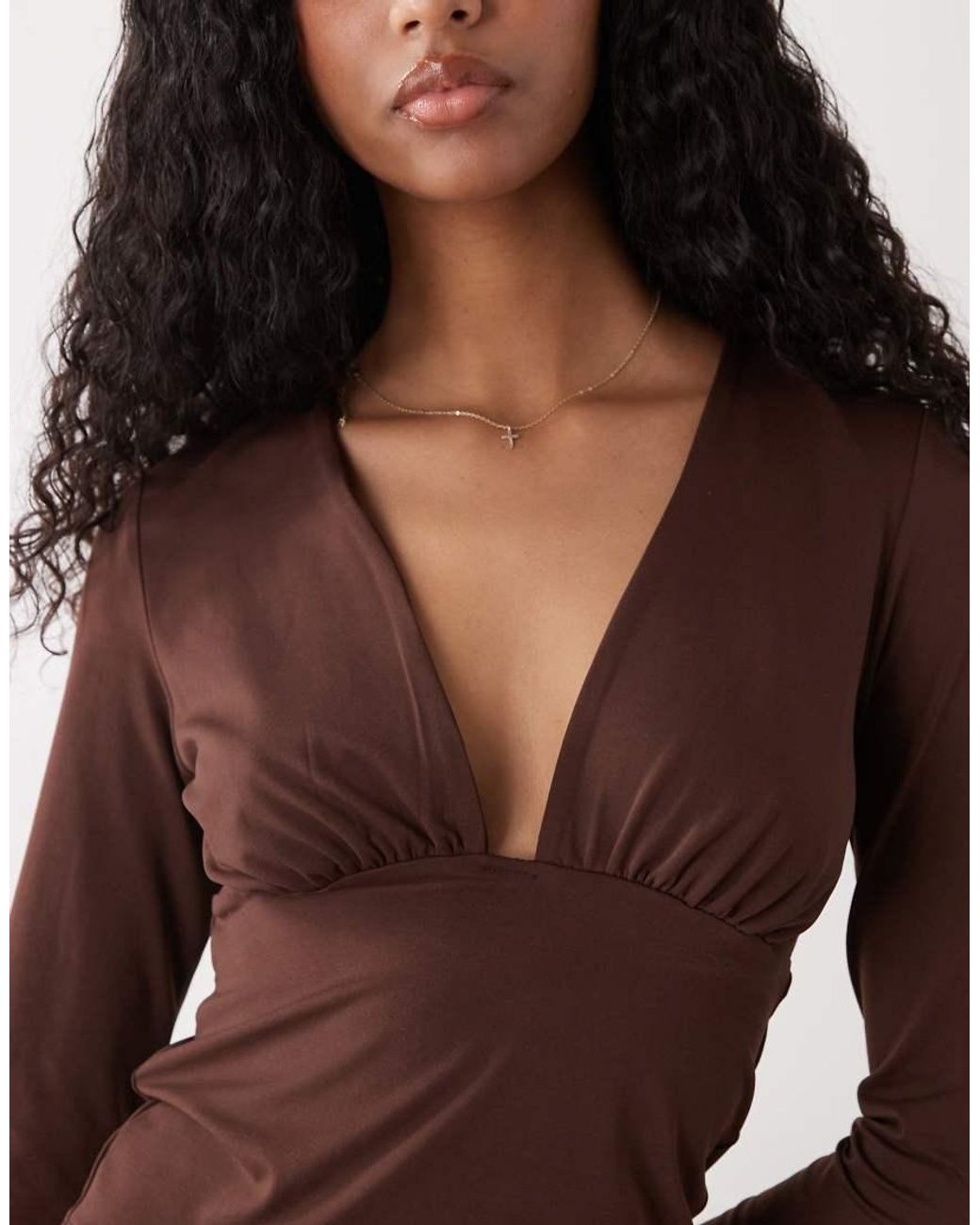 Collusion Brown Deep V Slinky Long Sleeve Top