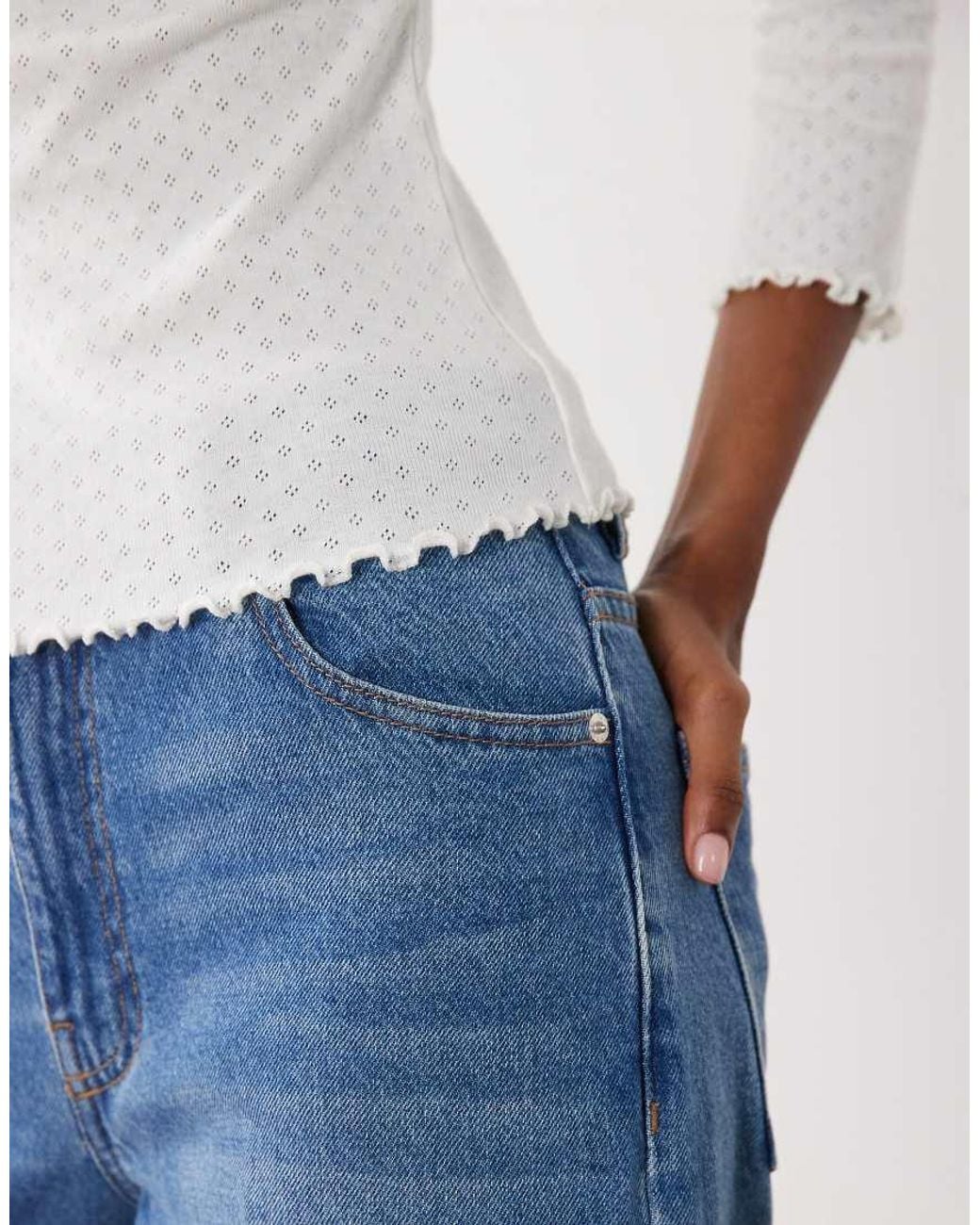 Miss Selfridge White Pointelle 3/4 Sleeve T-shirt