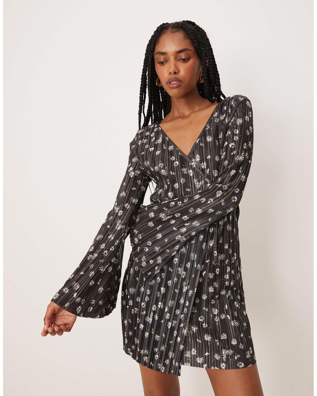 ASOS Plisse Long Angel Sleeve Wrap Front Mini Dress in Natural | Lyst