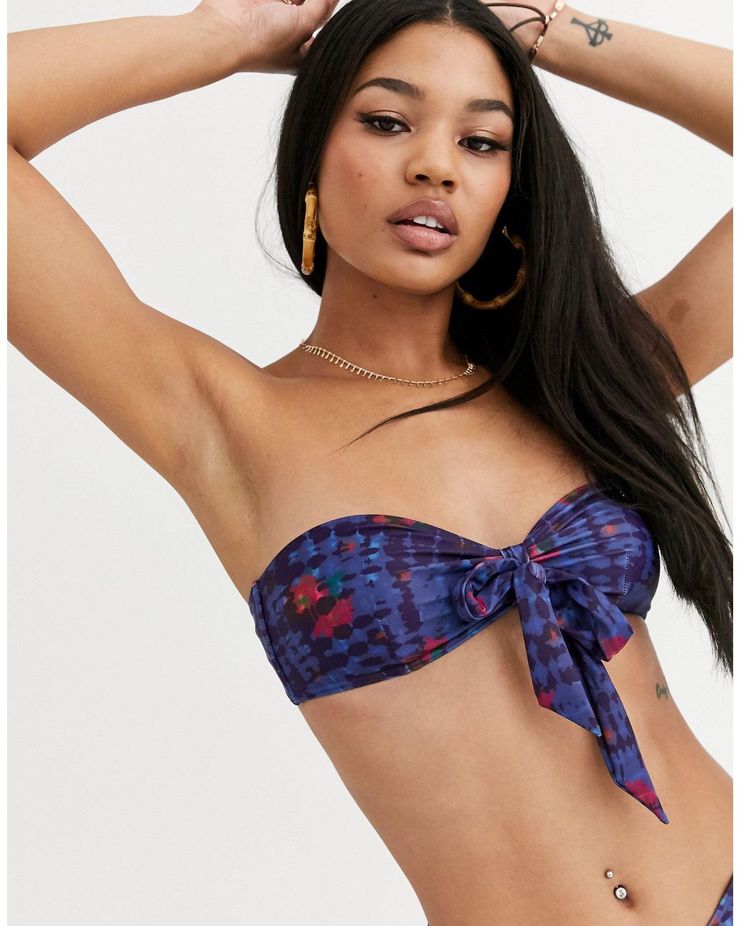 Playful Promises Synthetic Floral Tie Dye Bow Front Bandeau Bikini  Top-multi in Blue - Lyst