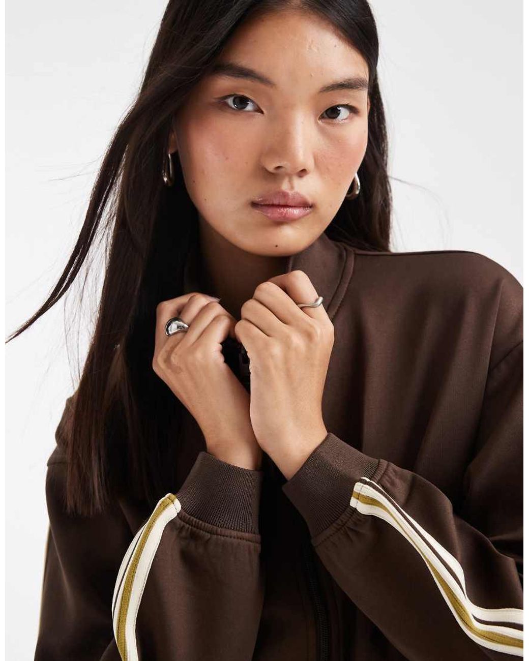 JJXX Brown Zip Up Jacket With Striped Detail