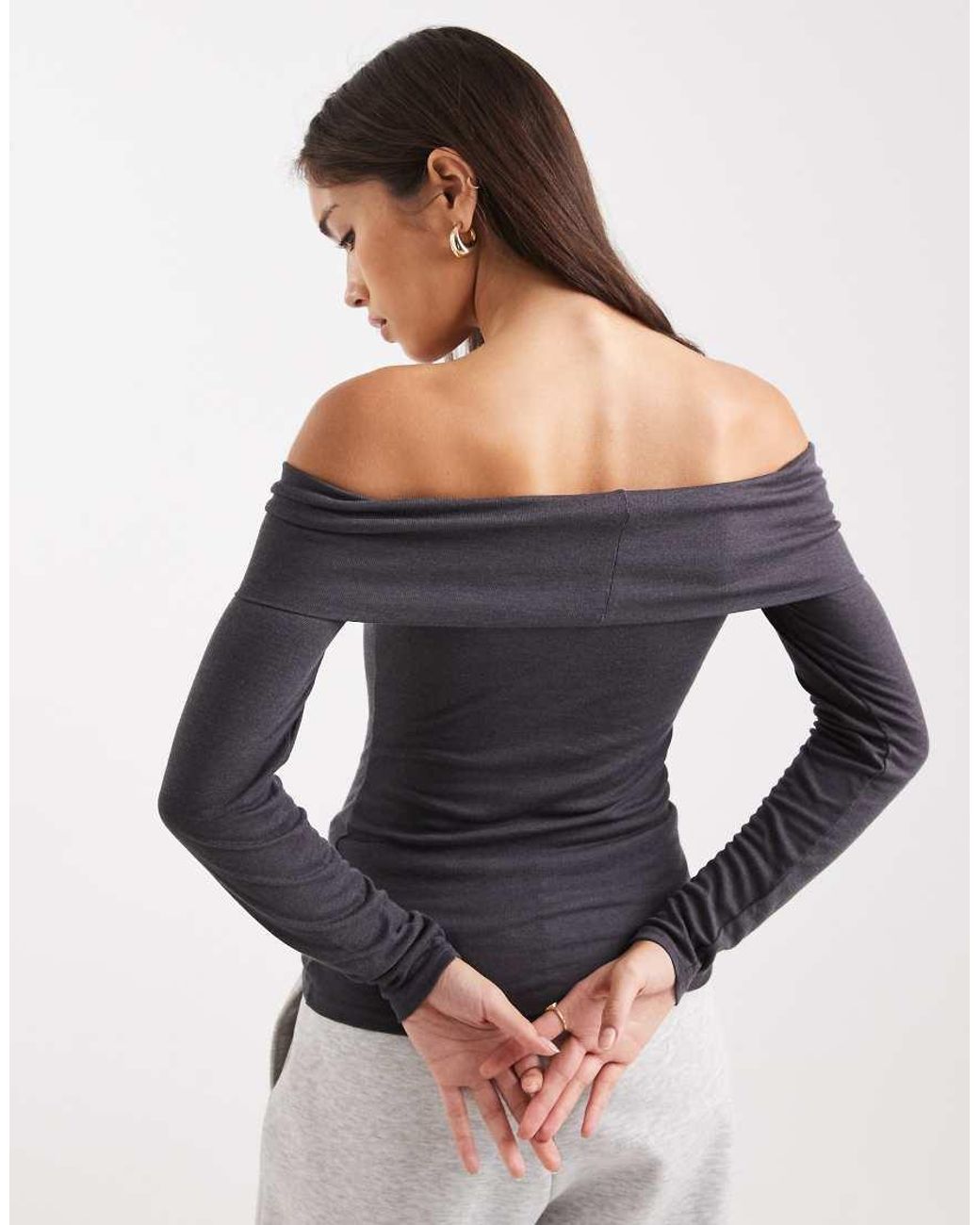 Miss Selfridge Gray Fine Knit Bardot Top