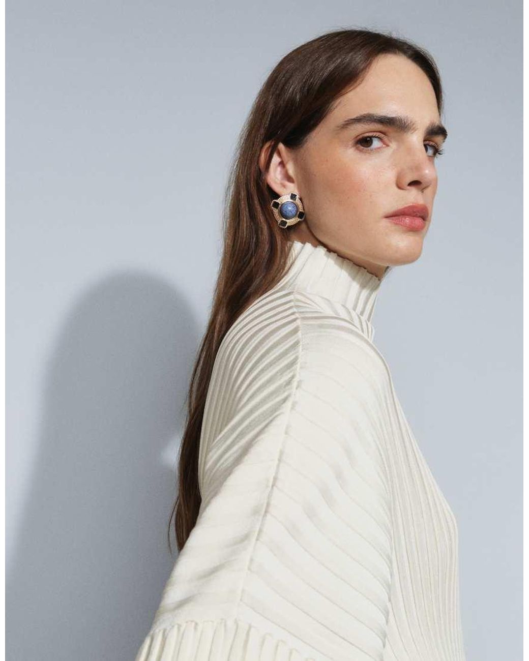 & Other Stories White Plisse Knitted Funnel Neck Jumper With Batwing Sleeves