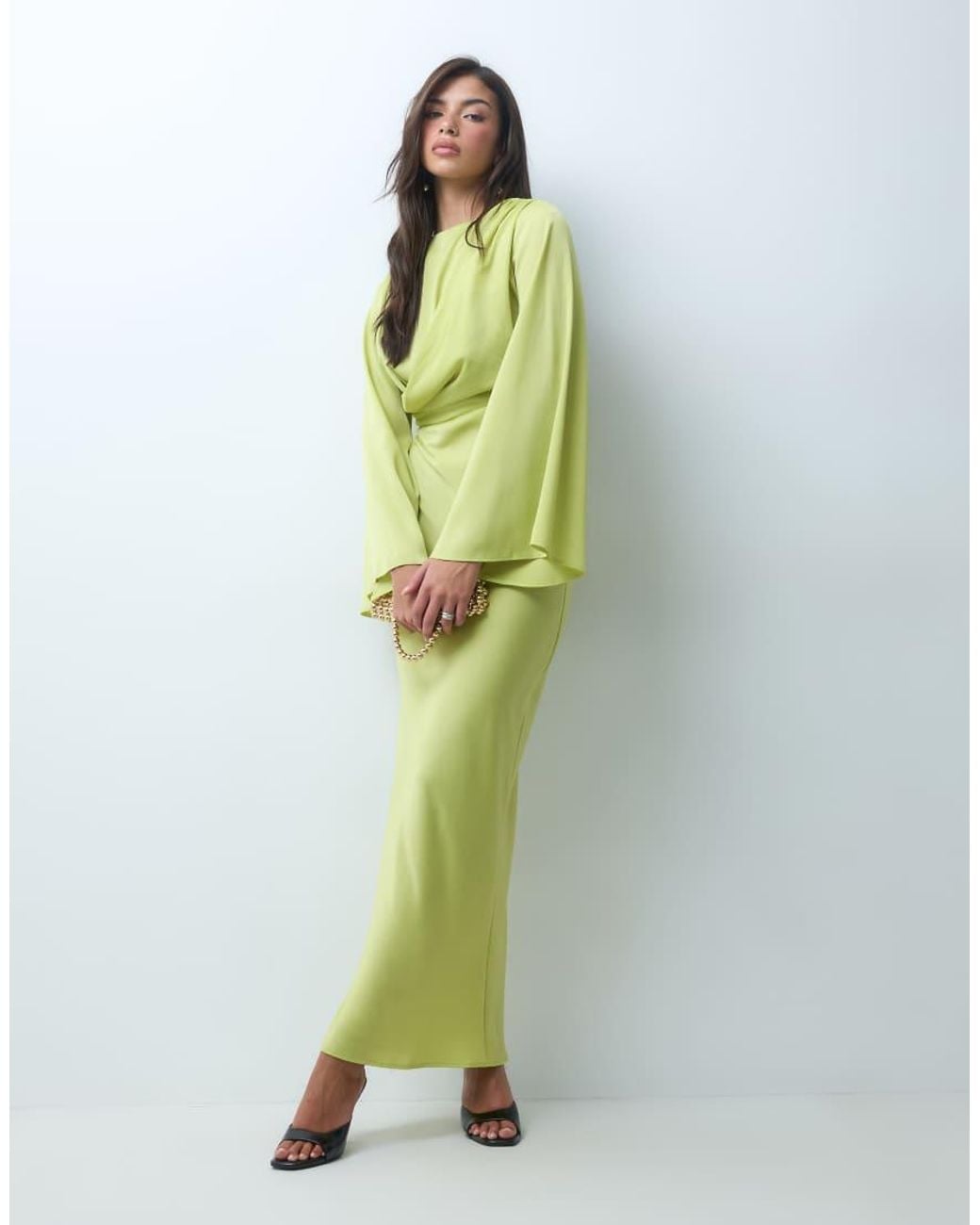 ASOS Green Flute Sleeve Draped Maxi Dress