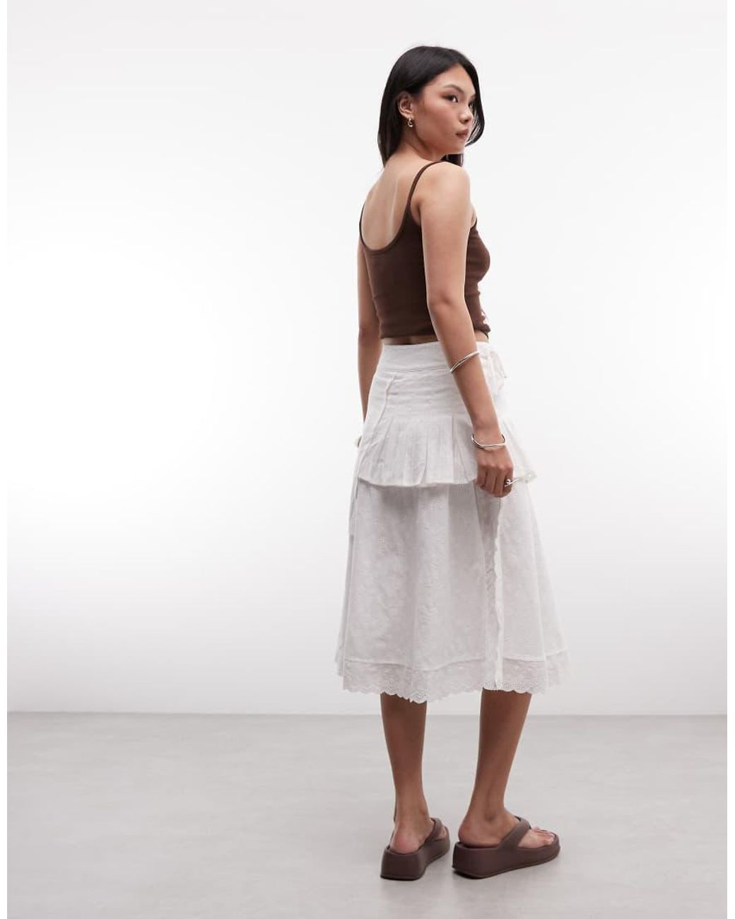Daisy Street White Broderie Midi Skirt With Overlay