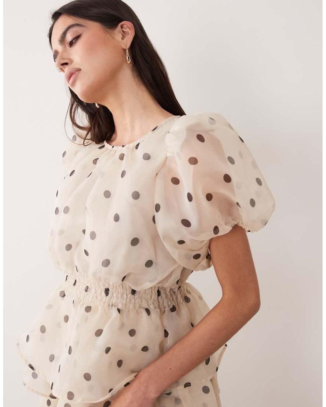 Vila Natural Polka Dot Volume Sleeve Ruffle Midi Dress