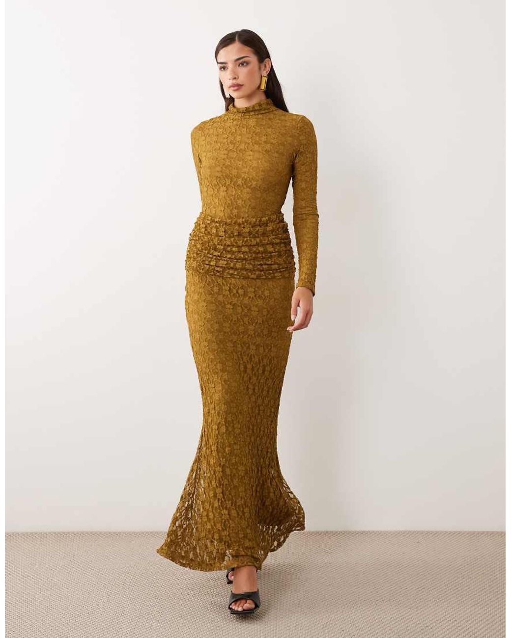 ASOS Brown Backless Maxi Lace Dress With Cowl Drape At Hips