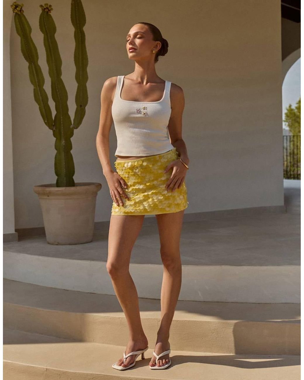 The Frolic Yellow Exclusive Disc Sequin Mini Skirt