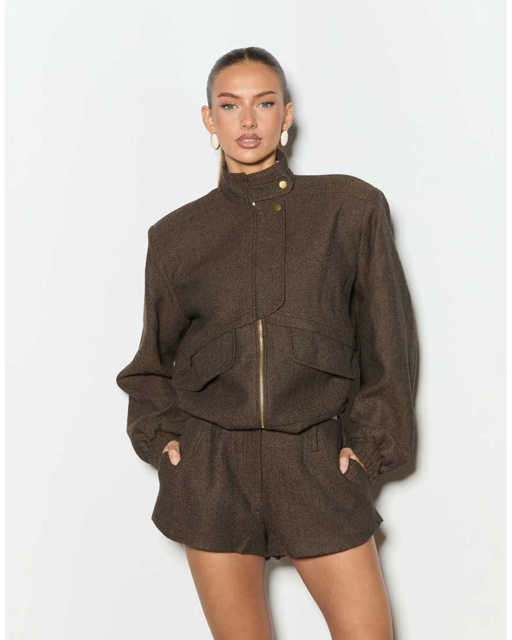 Noughts & Kisses Brown Tweed Structured Pocket Detail Bomber Jacket Set