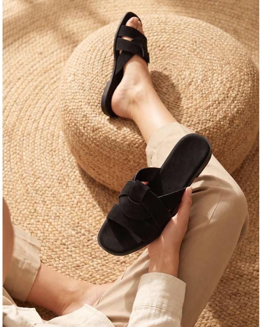 SEQWL Wide Fit Black Flat Mules Minimalist Slides With Crossover Strap Detail