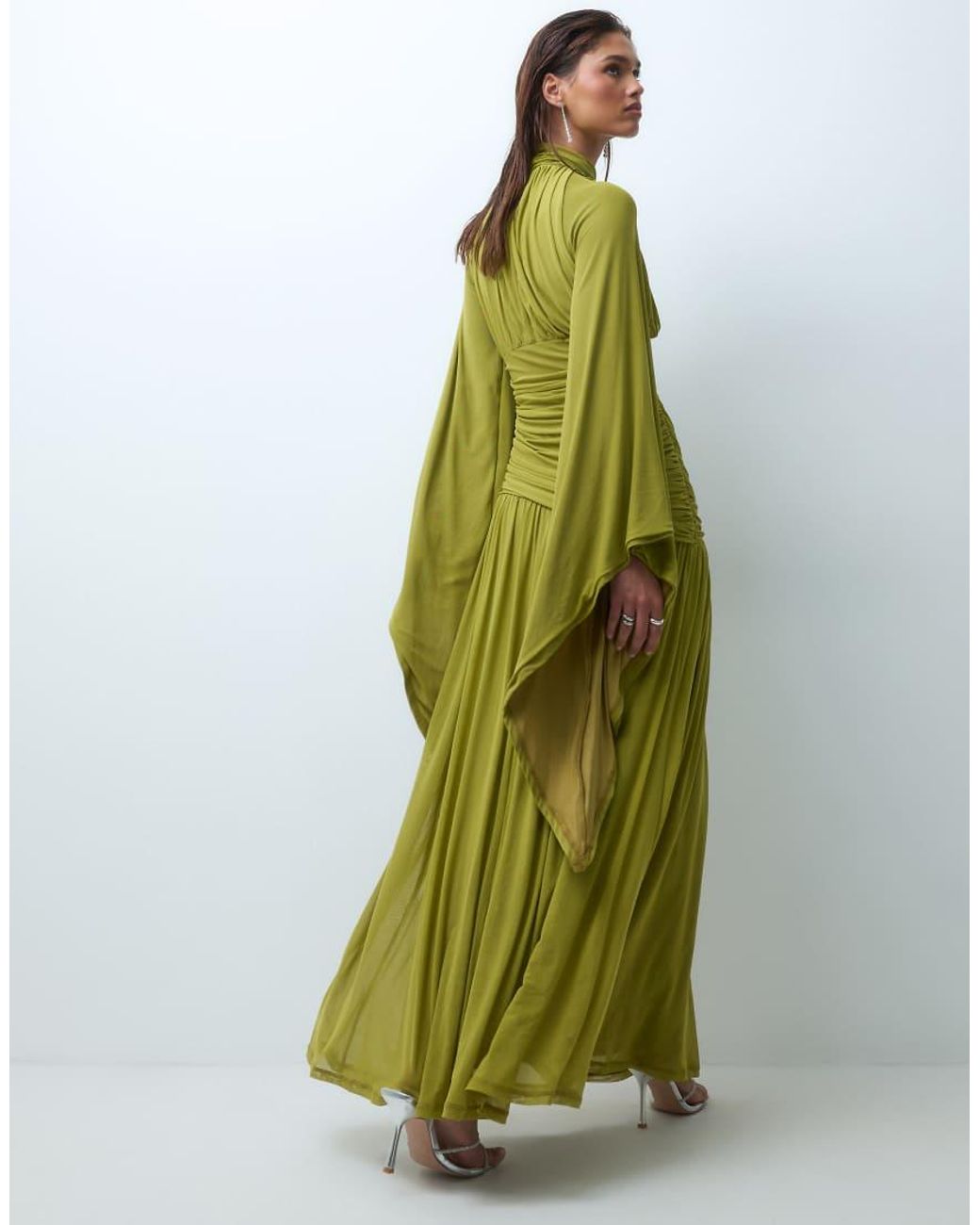 ASOS Brown Mesh High Neck Modesty Maxi Dress With Waterfall Sleeve Detail