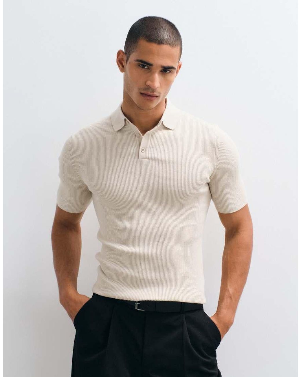 ASOS Natural Essential Muscle-fit Fine-rib Knit Polo for men