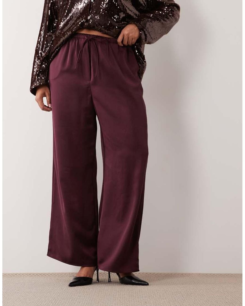 Pretty Lavish Curve Red Satin Drawstring Wide Leg Pants