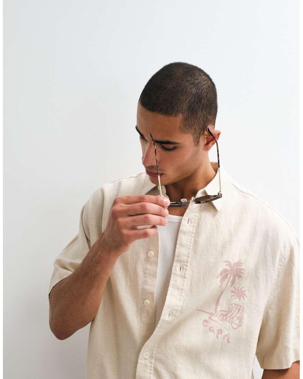 ASOS White Boxy Oversized Linen Blend Shirt With Placement Print for men