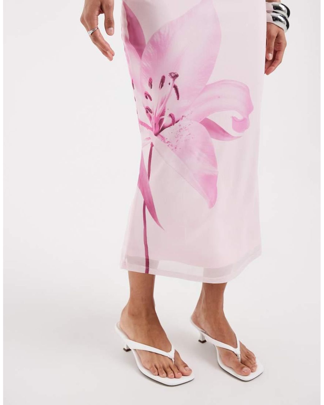 Pieces Pink Overblown Placement Floral Print Mesh Midi Skirt