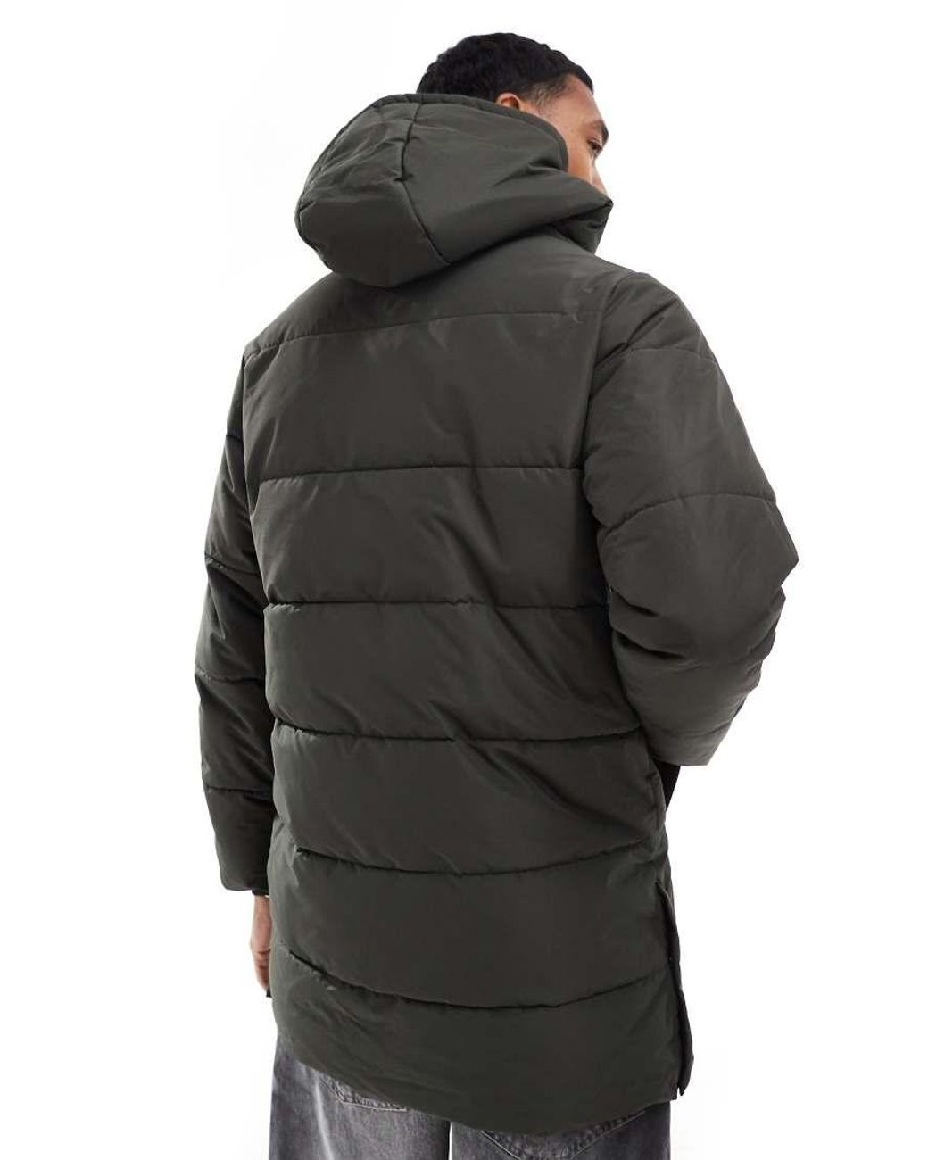 Only & Sons Black Longline Quilted Coat With Hood for men