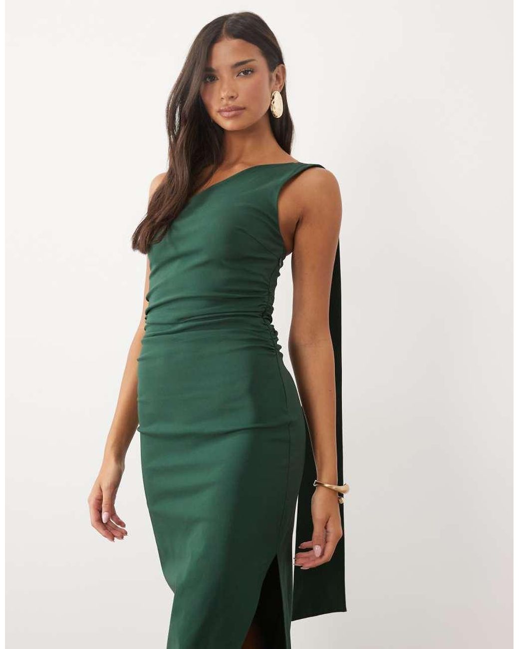 TFNC London Green Bengaline One Shoulder Draped Maxi Dress