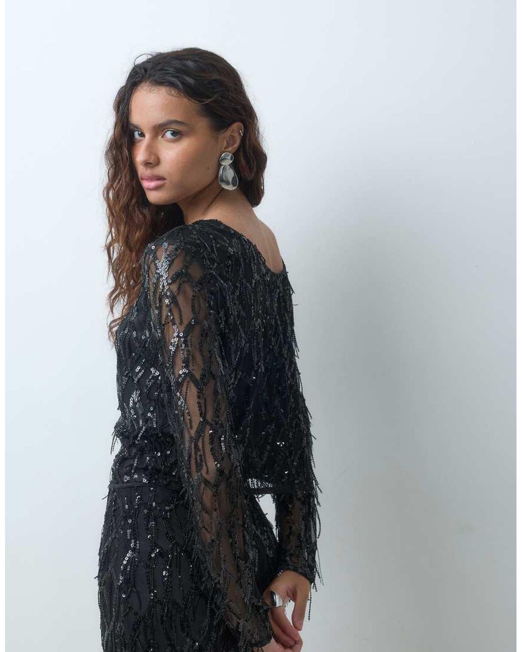 ONLY Black Cropped Long Sleeve Mesh Overlay Sequin Top Co-Ord
