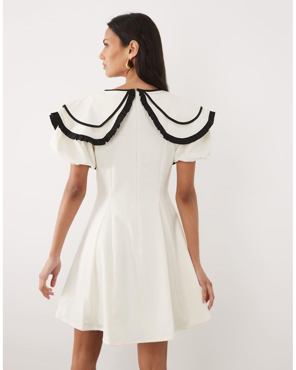 Sister Jane Natural Oversized Collar Puff Sleeve Mini Dress With Detachable Beaded Bow