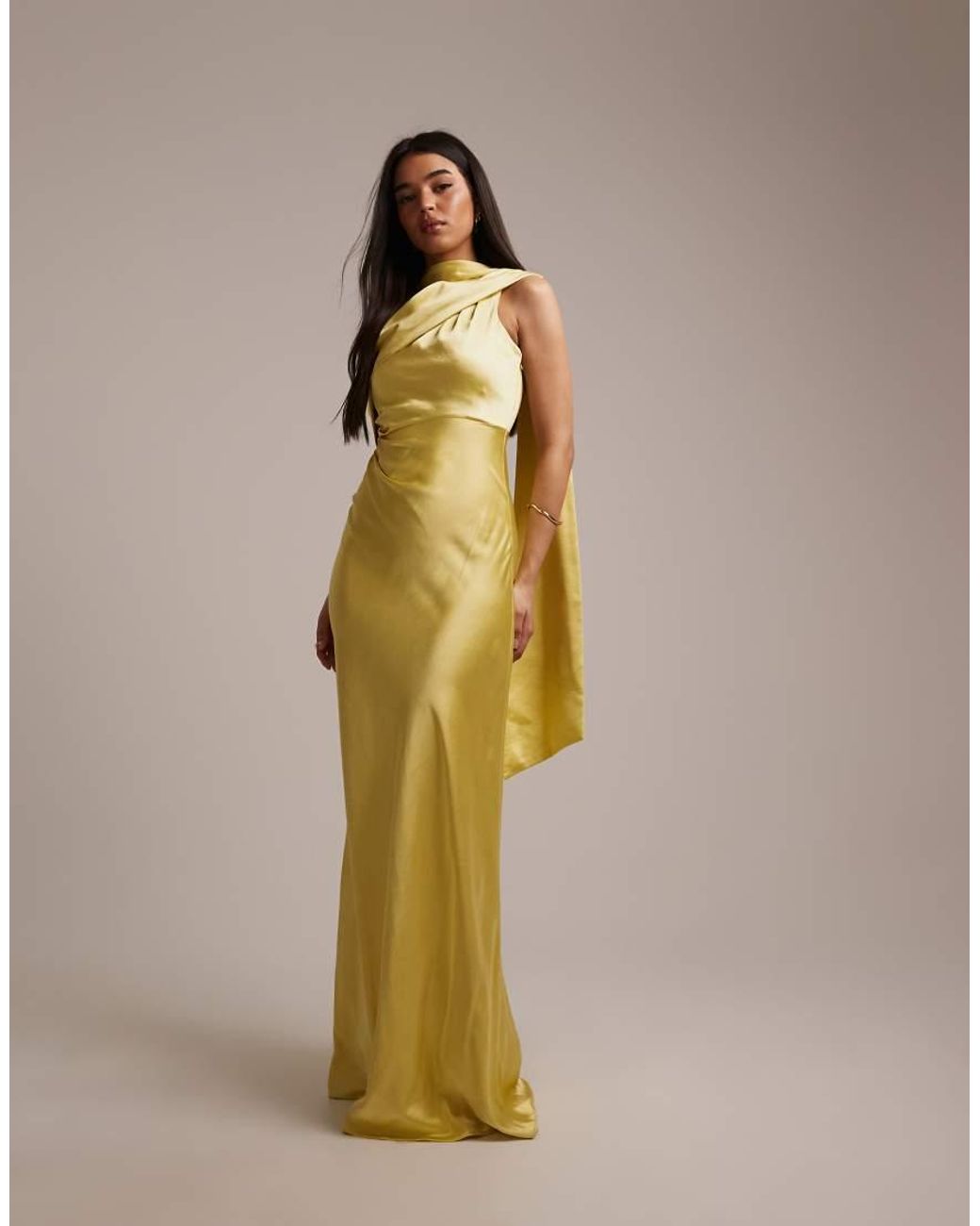 Six Stories Yellow Bridesmaids Satin Drape One Shoulder Maxi Dress