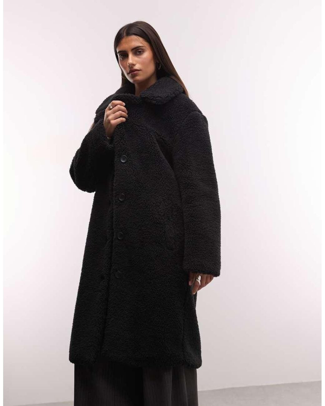 French Connection Black Longline Borg Dad Coat