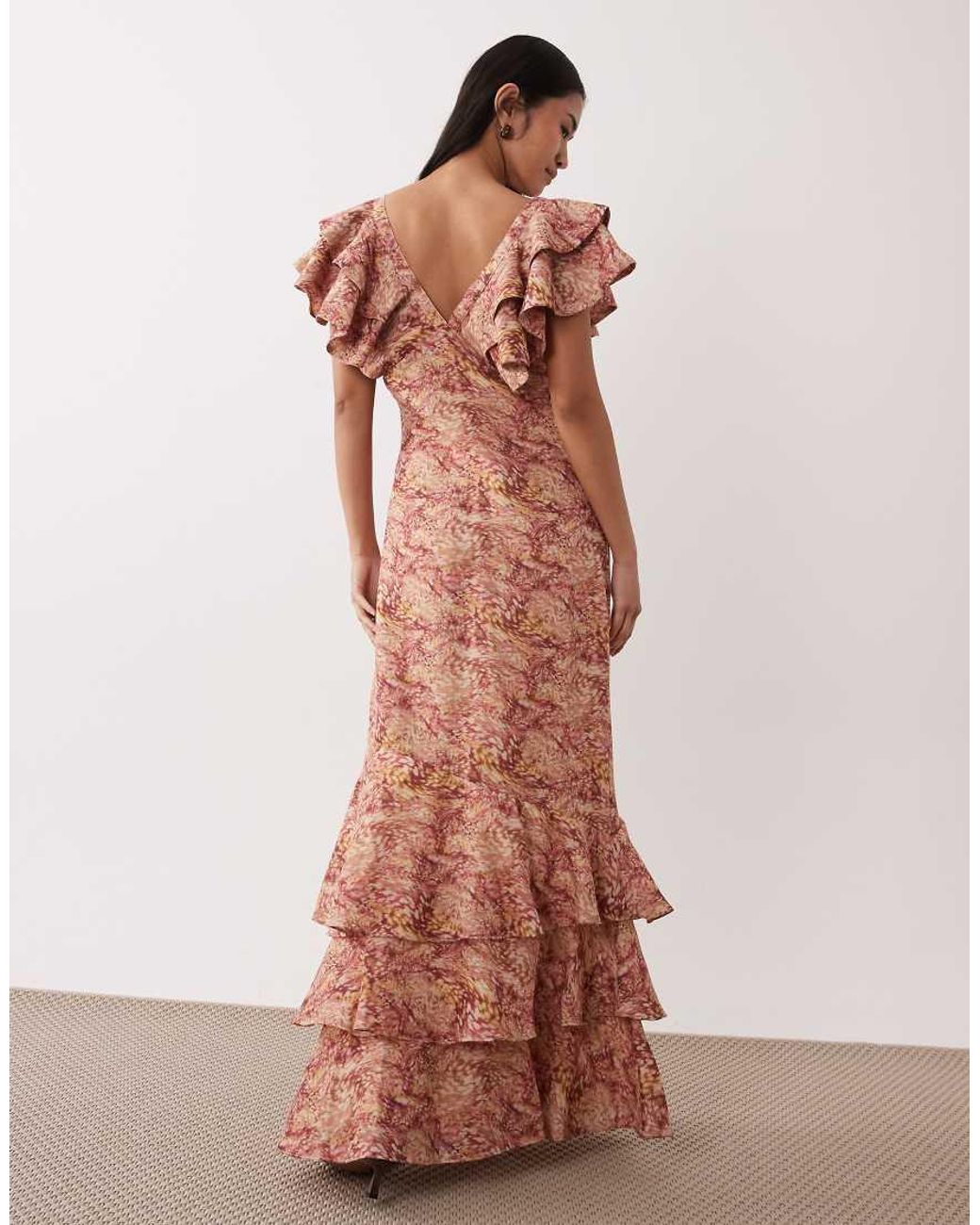 Pretty Lavish Pink Linen Blend Ruffle V-neck Maxi Dress