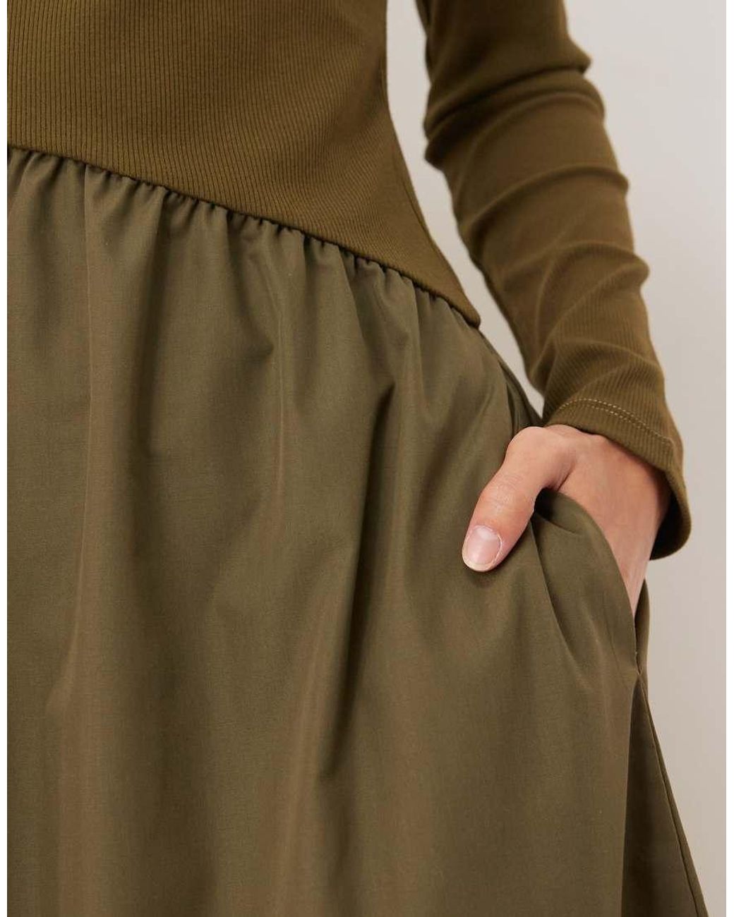 Threadbare Green Long Sleeve Midi Dress With Poplin Skirt