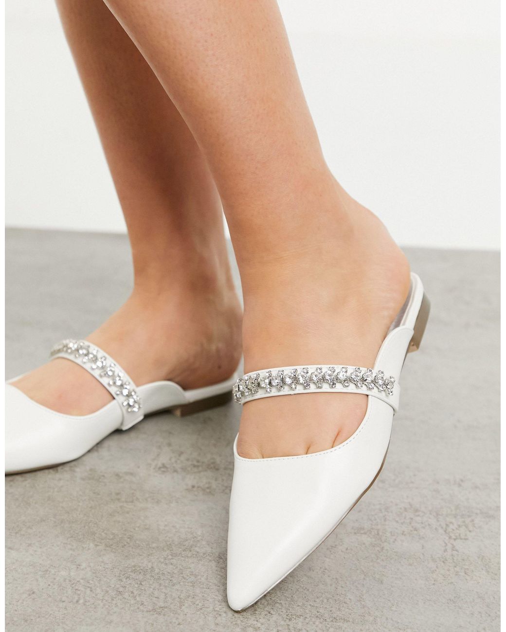 London Rebel Bridal Pointed Flat Mules With Embellishment in White | Lyst UK