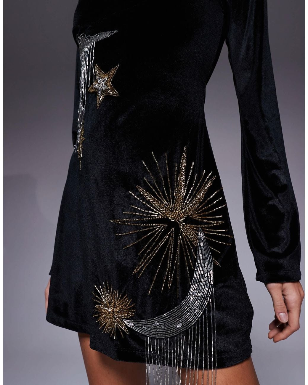 ASOS Black Super Scoop Long Sleeve Mini Dress With Aline Skirt And Celestial Embellishment
