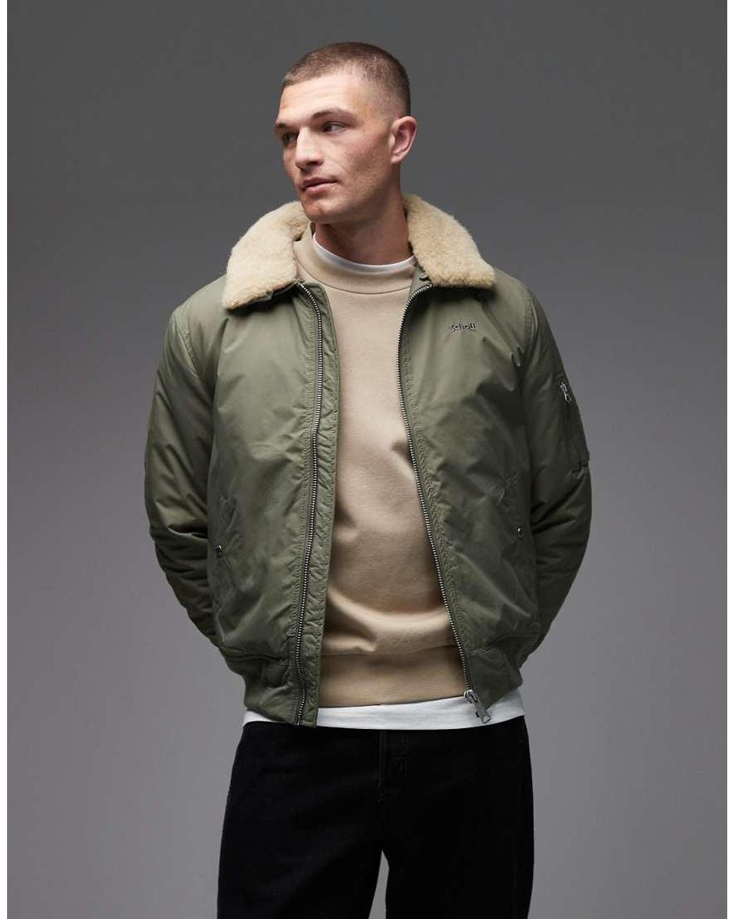 Schott Nyc Gray Logo Patch Zip Pocket Detail Cropped Padded Jacket With Faux Fur Collar for men