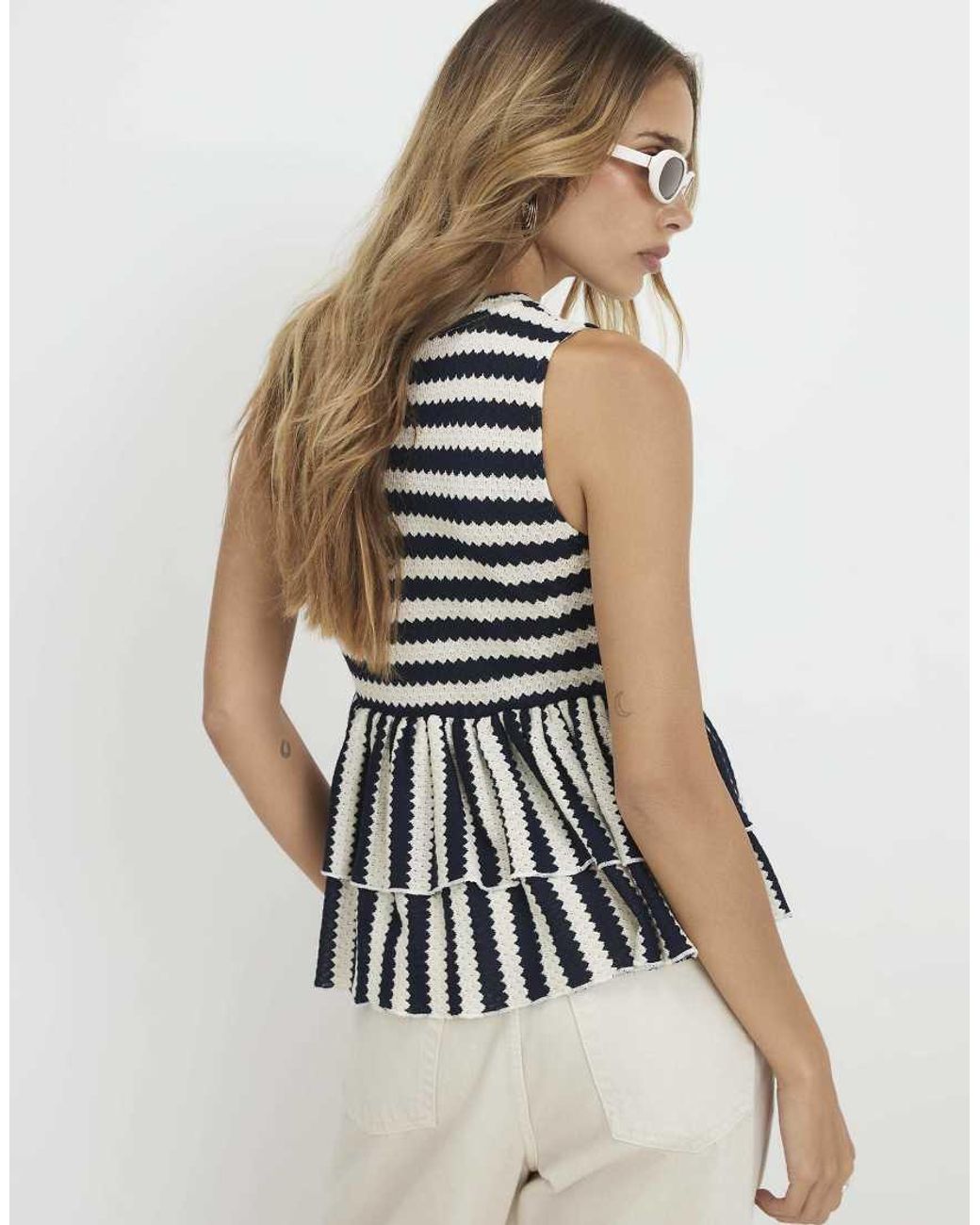 River Island Blue Stripe Textured Peplum Top