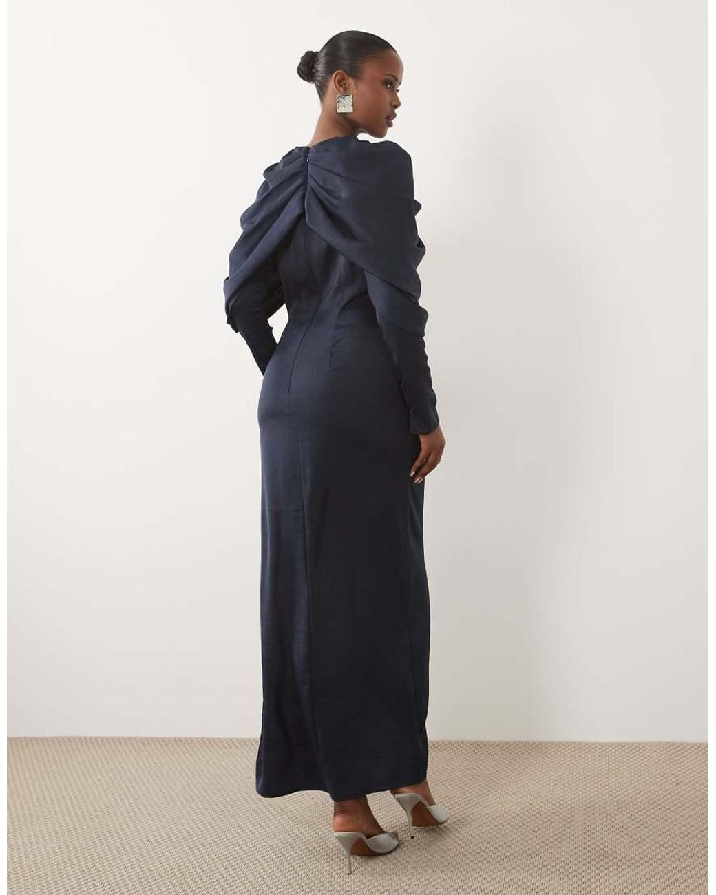 ASOS Blue Cross Neck Gathered Maxi Dress With Draped Sleeves