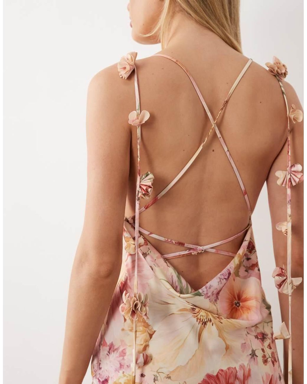 Wanderdoll Pink Aria Draped Cowl Neck Flower Detail Cross Back Satin Maxi Dress