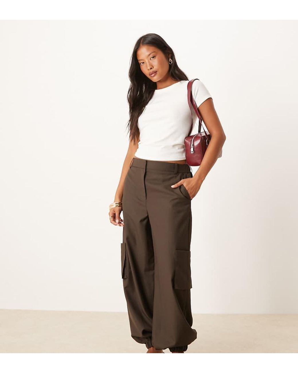 ASOS Brown Petite Tailored Straight Leg Trousers With Cuff And Utility Pocket Detail