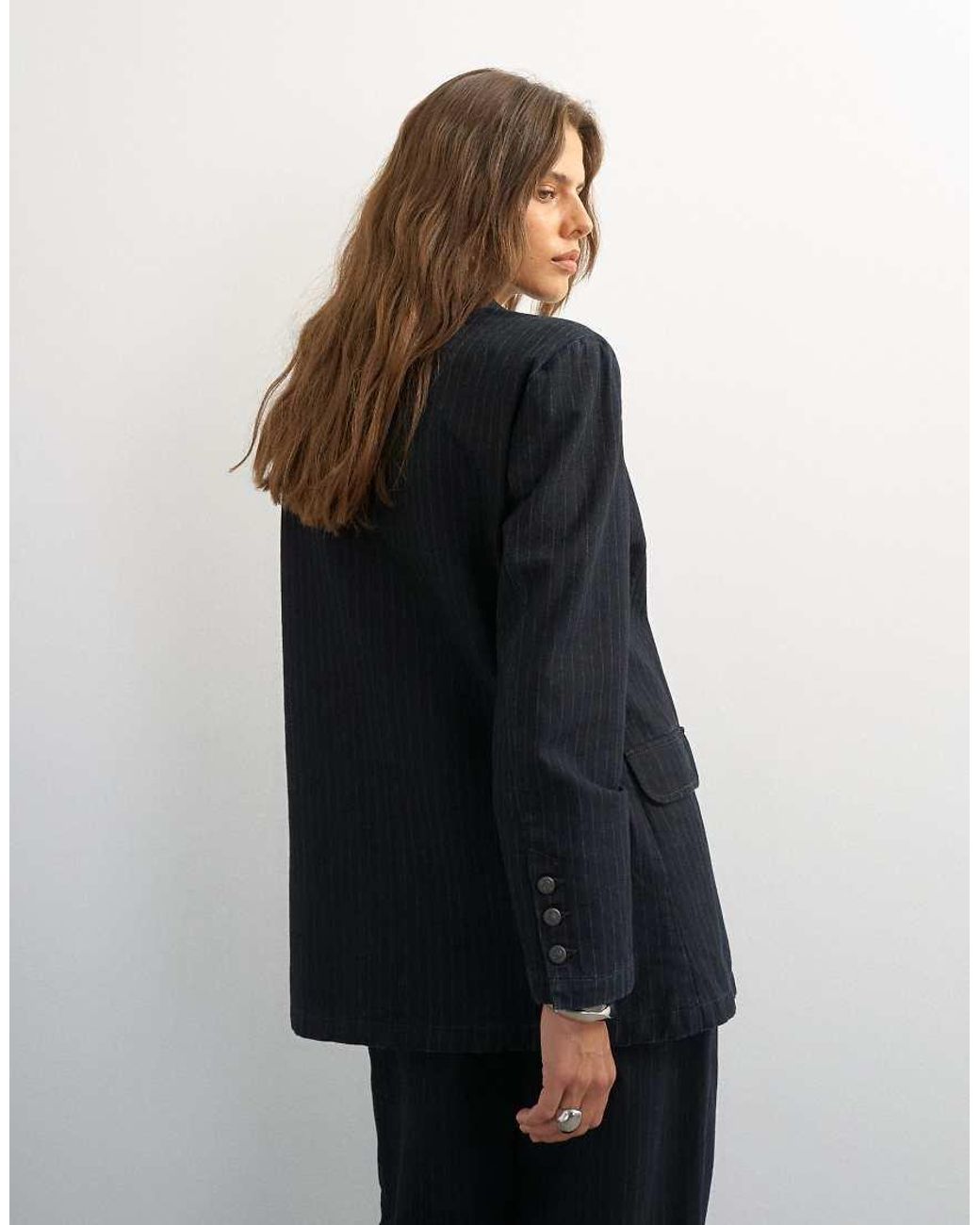 TOPSHOP Black X Cara Oversized Pinstripe Denim Co-Ord Blazer