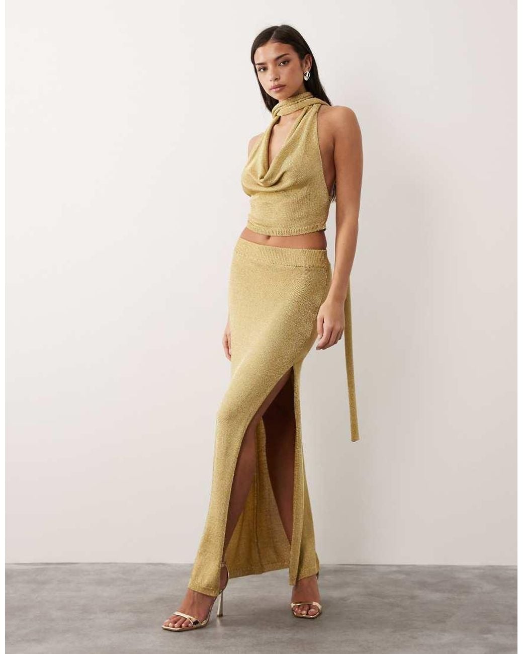Aria Cove Natural Metallic Knit Thigh Split Maxi Skirt Co-ord