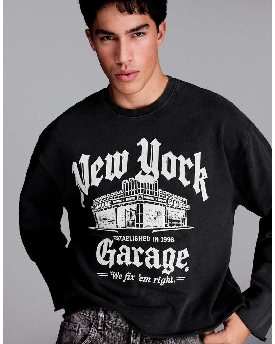 Bershka Gray Round Neck Print Sweatshirt for men