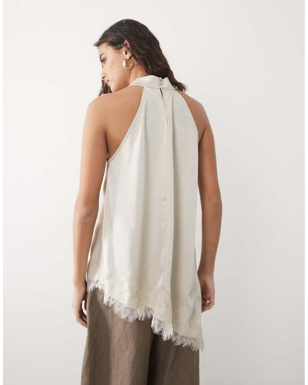Jdy White Halterneck Satin Top With Lace Detail