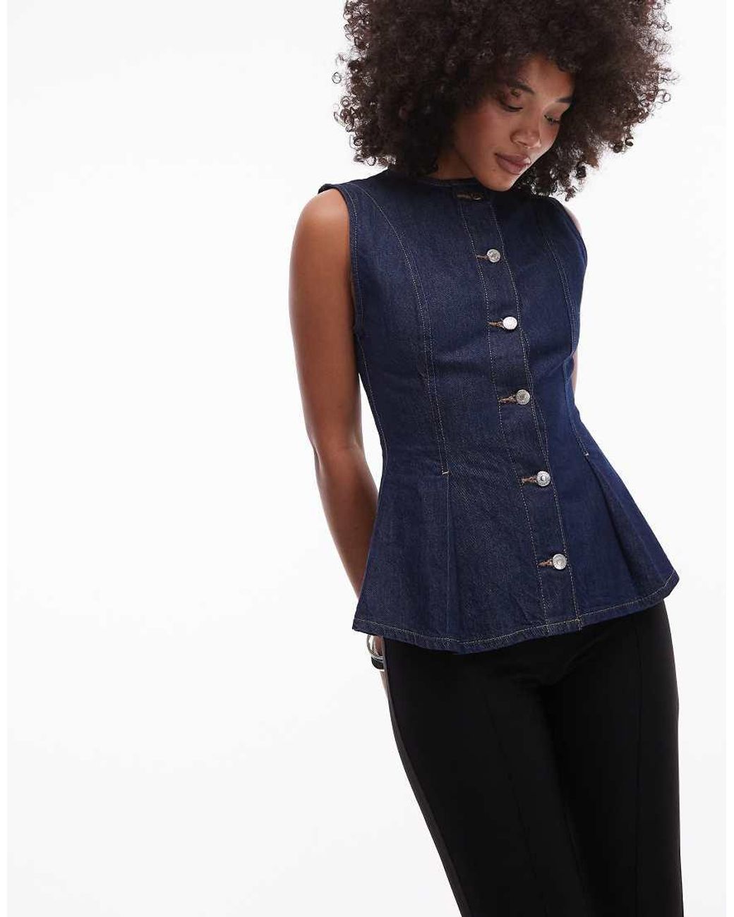 TOPSHOP Blue Denim Pleated Peplum Top