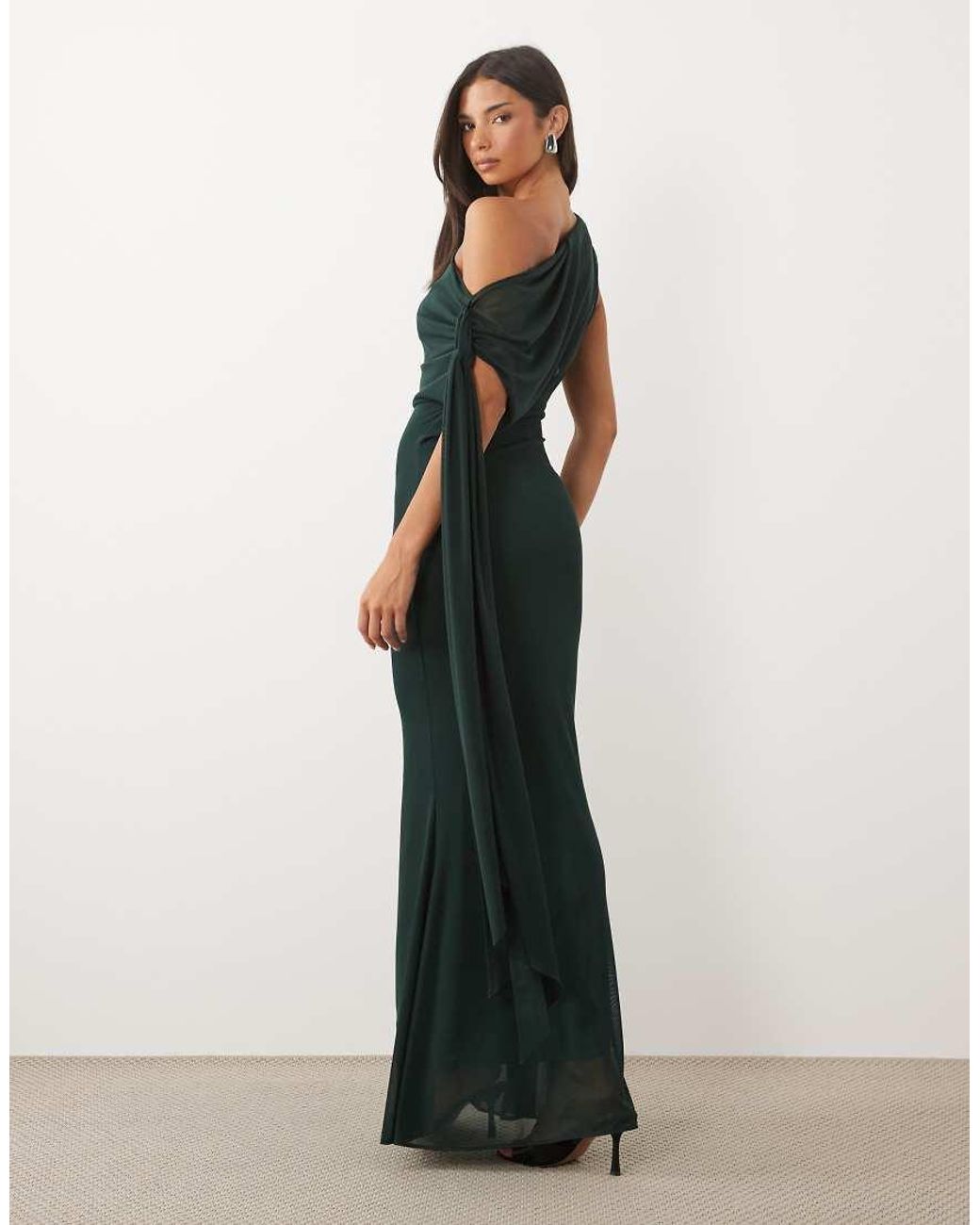 TFNC London Blue Mesh Draped One-shoulder Tie-detail Maxi Dress