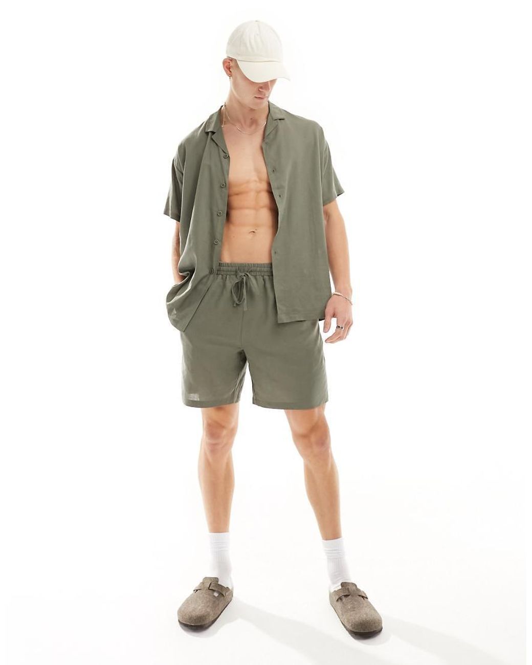 South Beach Green Linen Blend Beach Shorts for men
