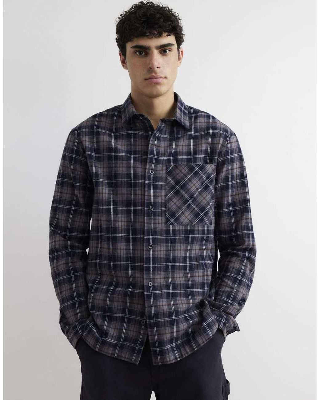 River Island Blue Regular Fit Check Long Sleeve Shirt for men