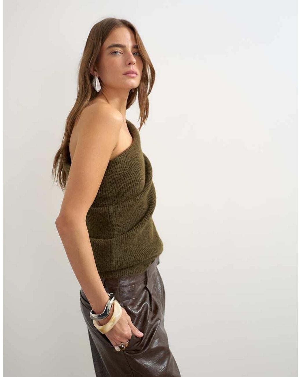 TOPSHOP Green Knitted One Shoulder Draped Top