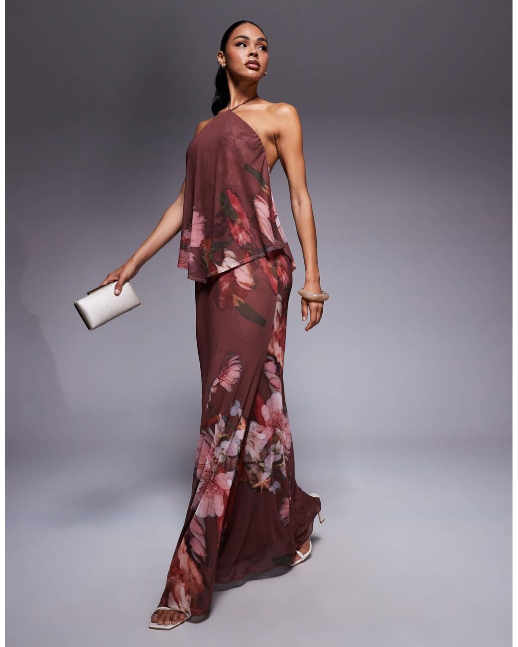 ASOS Printed Mesh Halter Neck Maxi Dress With Sheer Overlay in Purple |  Lyst Canada