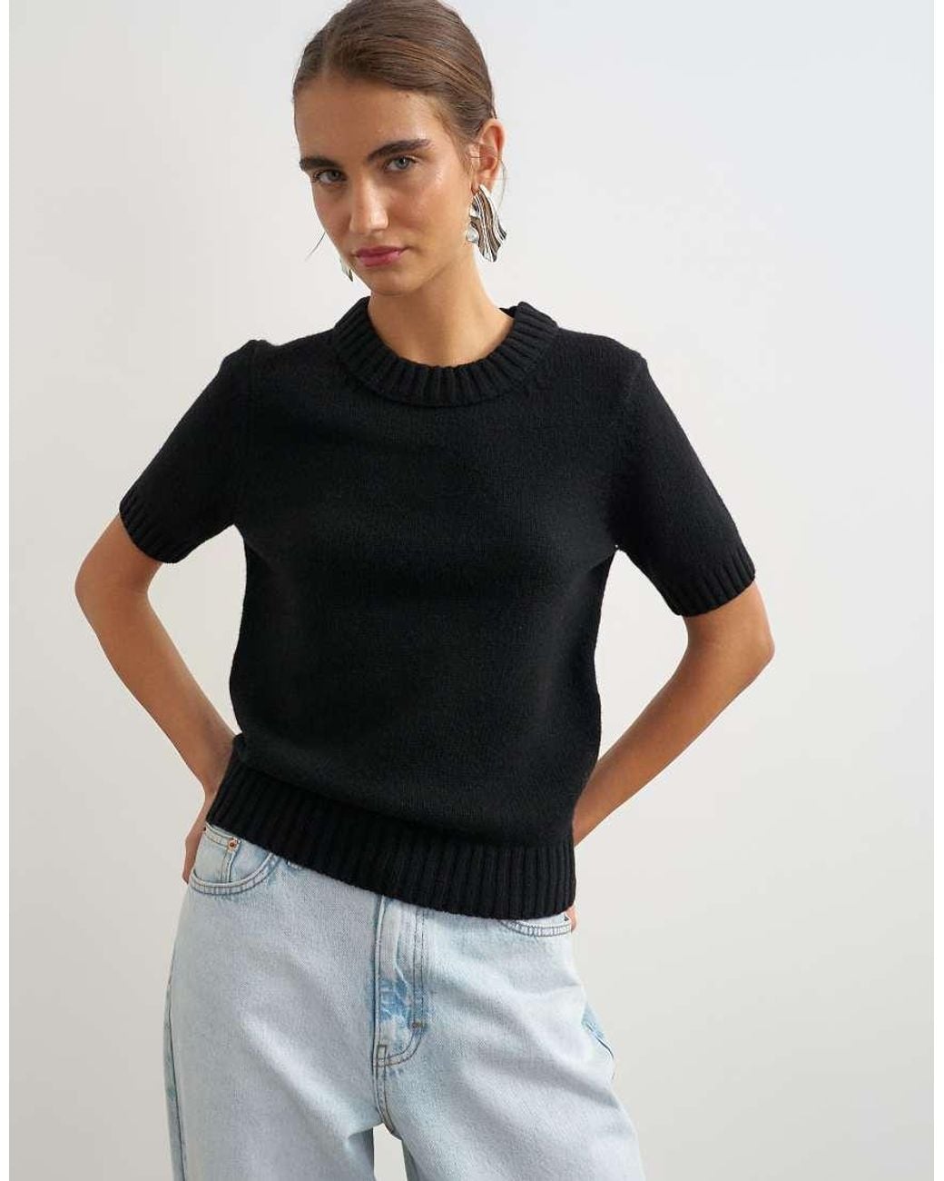 TOPSHOP Black Knitted Premium Pure Lambswool Short Sleeve Crew Neck T-shirt