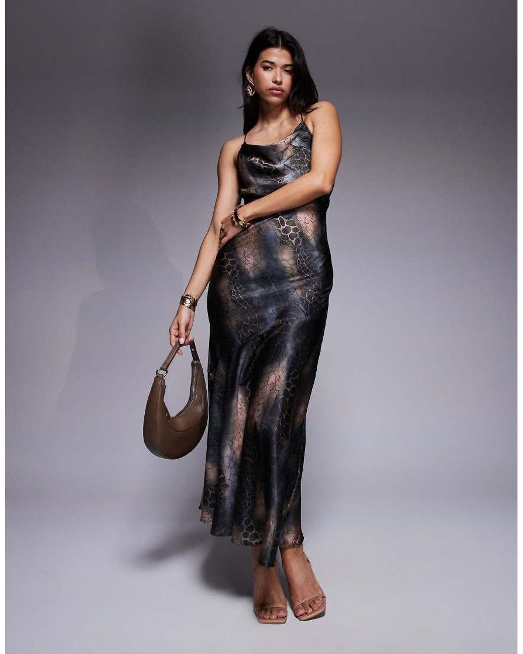 ASOS Gray Strappy Tie Back Cowl Front Satin Maxi Dress